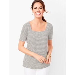 TALBOTS XL Black & White Striped Square‎ Neck Tee Top Short Sleeve